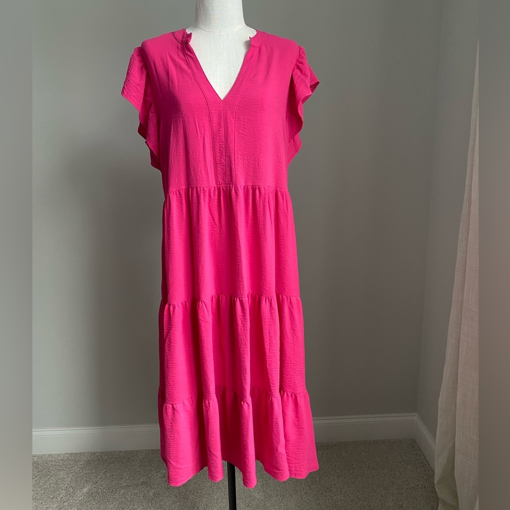 Pink Flutter Sleeve V-Neck dress